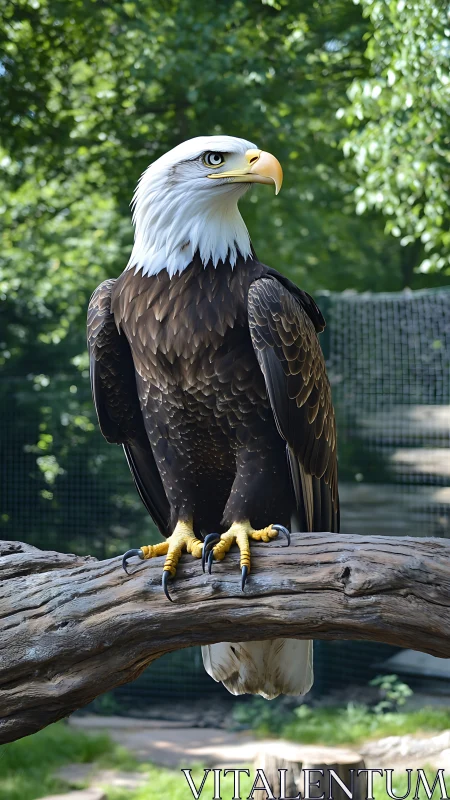 Bald eagle stands on a weathered branch in outdoor enclosure