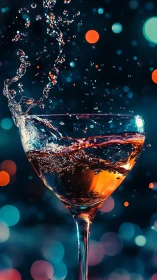 Cocktail glass with splashing liquid against bokeh background