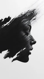Monochrome profile portrait dissolving into dynamic brushstroke noise