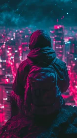 Hooded urban wanderer overlooking neon cyberpunk skyline.