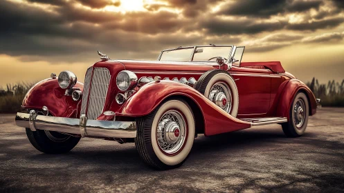 Sunlit red classic convertible waits for a nostalgic evening drive