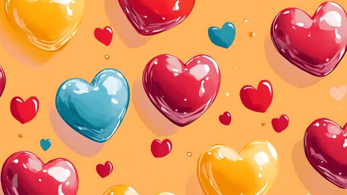 Glossy heart shapes rendered in red, orange, and blue tones against warm yellow background.