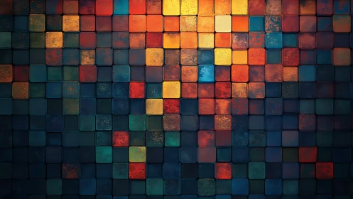 Colorful Abstract Mosaic Wall with Textured Square Tiles.