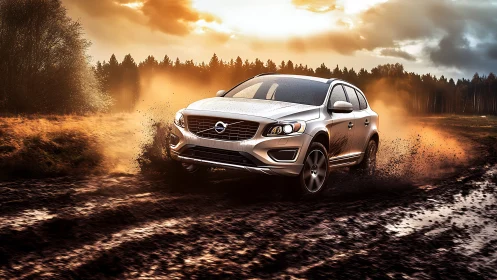 Muddy off‑road SUV dynamics under dramatic backlit sky.