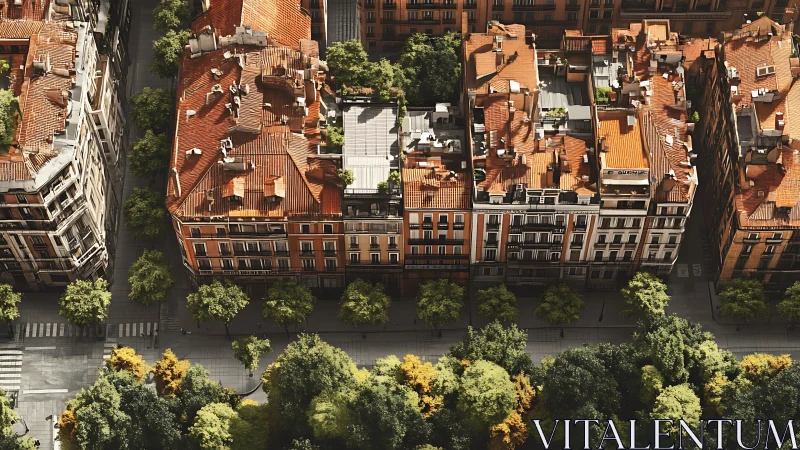 Aerial study of terracotta roof grid and tree-lined boulevard.