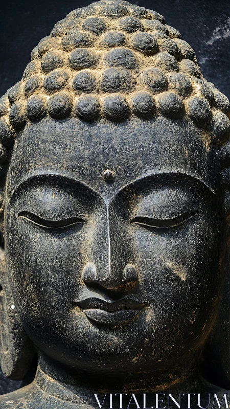Weathered stone Buddha head in calm frontal close-up view.