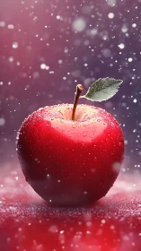 Macro red apple with water droplets in soft bokeh snowfall
