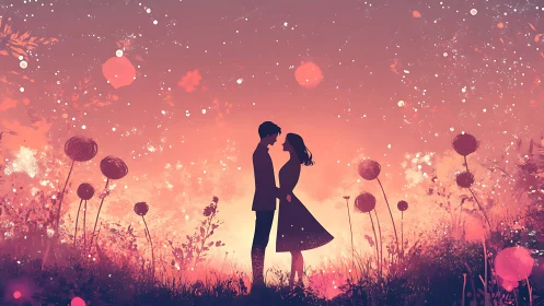 Silhouetted Couple amid Luminescent Wildflowers.