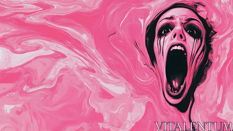 Surreal digital painting of distorted scream in pink void.