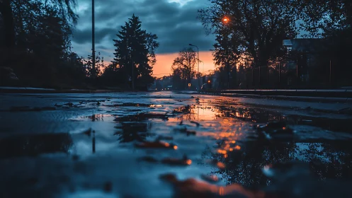 Puddled dusk street mirroring ember clouds and sleepy lamps.
