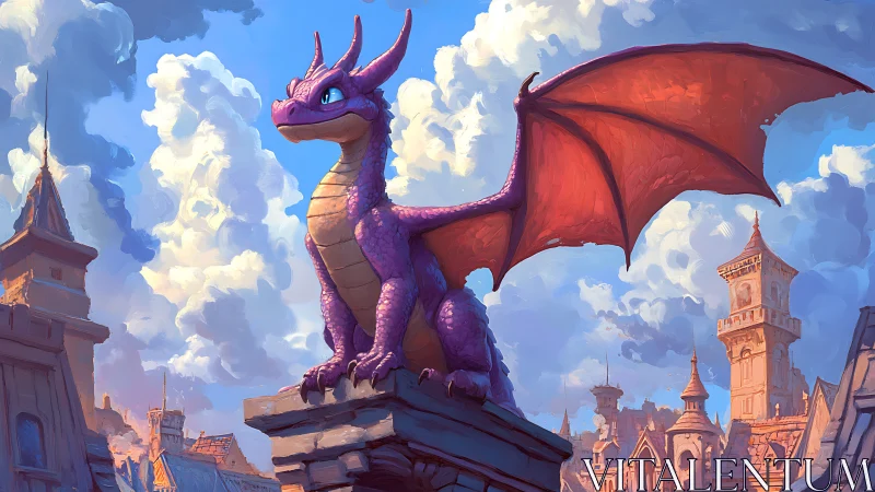 Vibrant purple dragon perched on ornate fantasy city rooftop