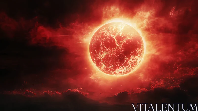 Glowing red stellar sphere centered in turbulent cloud field