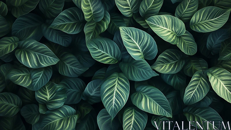 Lush tropical foliage displays layered emerald leaves in detail.