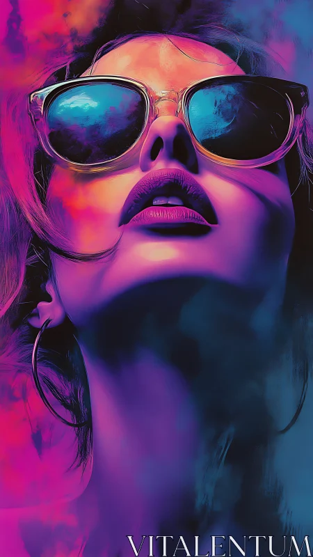 Neon-lit portrait gazes upward through reflective shades.