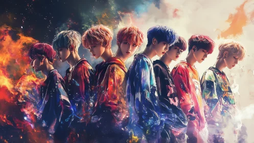 Seven stylized youths in line amid abstract color fields.