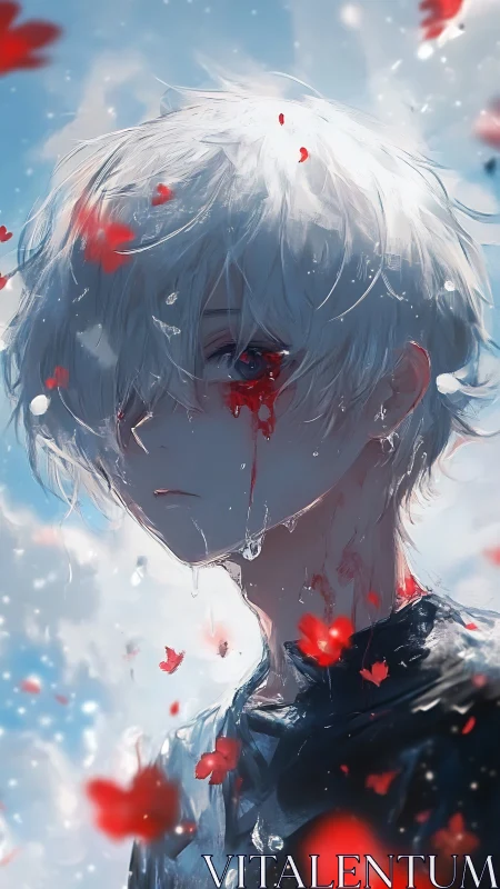 White-haired youth with ocular bleeding amid drifting red petals
