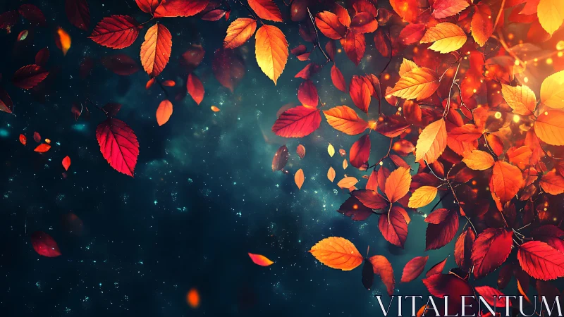 Autumn leaves swirl through dark luminous night sky