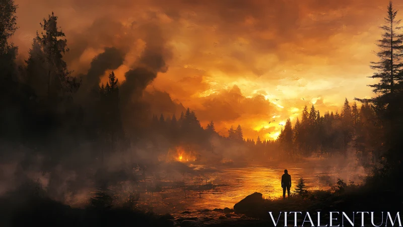 Solitary figure watches forest blaze under burning sunset sky