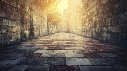 Sunlit stone passageway inviting a quiet, timeless stroll.