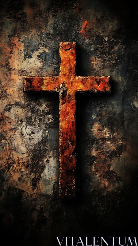 Rust-scorched cross glows like embers on weathered stone