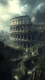 Colosseum ruin rendered in moody atmospheric concept art