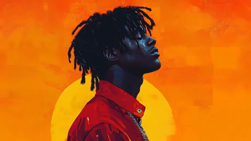 Profile portrait of young man before stylized orange sun.