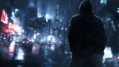 Hooded loner in neon-soaked rain over futuristic city street.