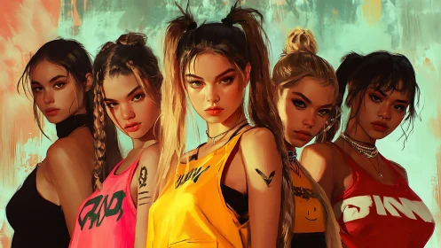 Urban streetwear squad in saturated digital portrait lighting.