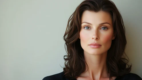 Portrait of a woman with wavy brown hair in natural soft light.