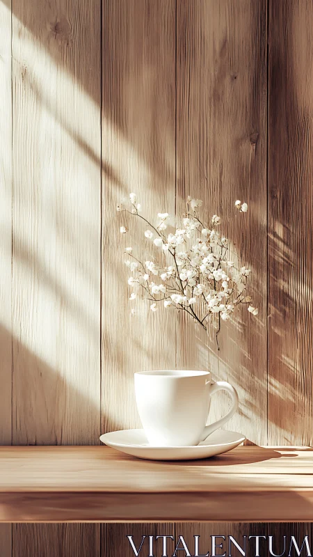 White ceramic cup and flowers sit against vertical wood wall