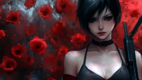 Crimson petals and quiet resolve surround a watchful heroine.