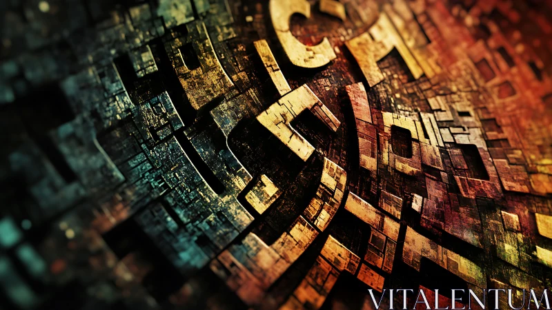 Cyberpunk typographic labyrinth in curved modular relief.