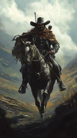 Lone cowboy rides stormy canyon trail under brooding sky.