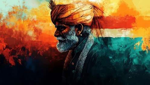 Profile portrait of elderly turbaned man in vivid tricolor field
