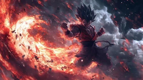 Spiky haired warrior channels fiery energy in storm clouds