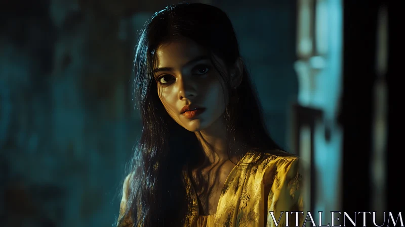 Quiet portrait of woman in golden light and deep shadows.