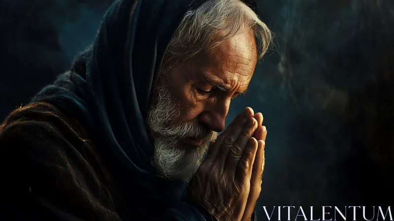 Elderly man in dark hooded cloak praying in deep focus.