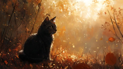 Curious black cat resting in a softly glowing autumn forest.