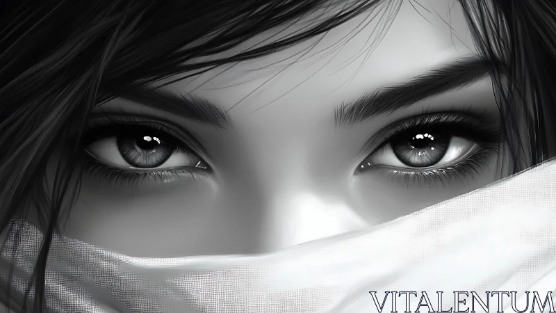 Monochrome female gaze dominates frame with veiled mystery.