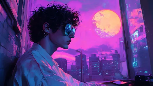 Neon city dreamer watches synthetic sunset in silence.