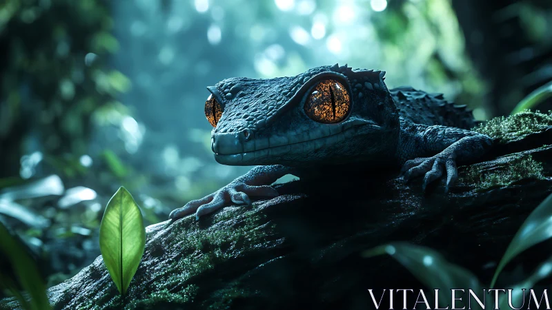 Bioluminescent-eyed gecko rendered with hyperreal jungle optics.
