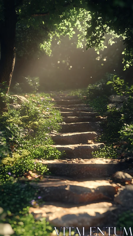 Forest path with stone steps and dappled light.
