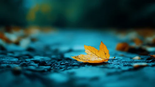 Single yellow leaf lies on wet textured ground surface