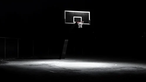 Lonely outdoor basketball hoop under harsh night lighting.