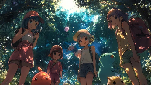 Children with backpacks and creatures in shaded forest clearing.