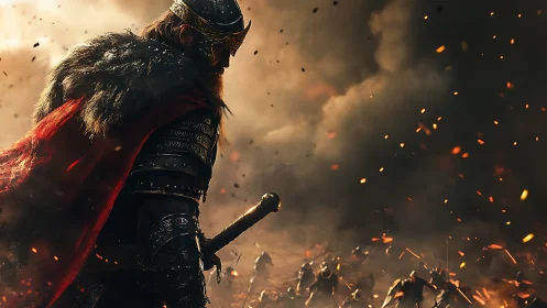 Armored warrior king surveys a burning battlefield at dusk.