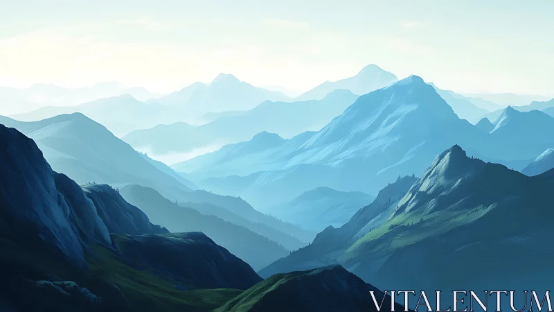 Layered blue alpine ridges with atmospheric depth and light.