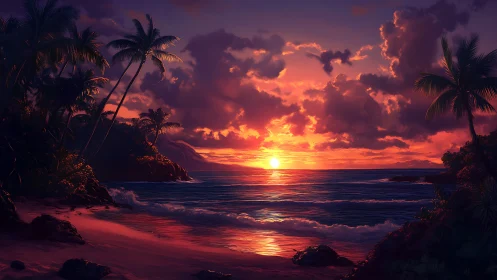 Tropical coastline with palm trees at sunset over ocean.