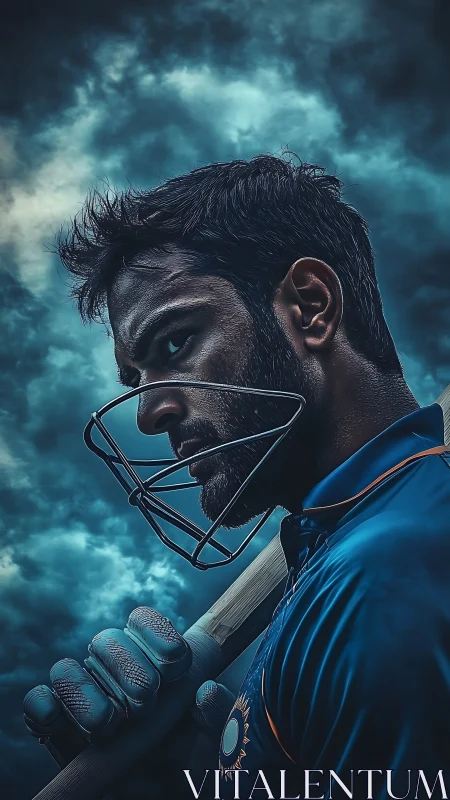 Cricket player portrait under stormy dramatic sky.
