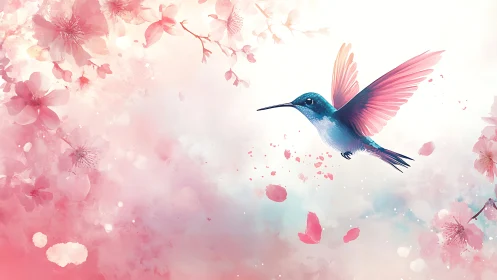Hummingbird in pastel blossom drift under radiant light.